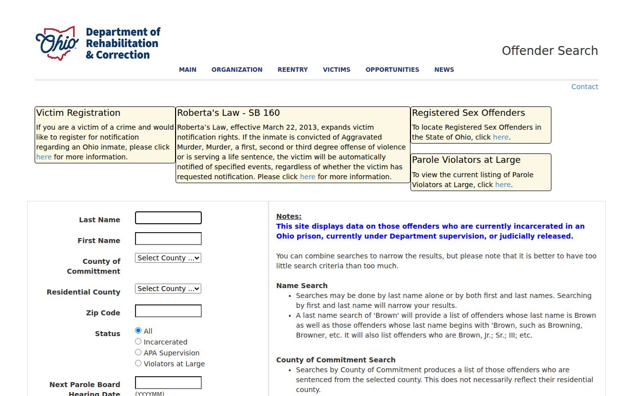 Middletown residents directory Ohio DRC offender search fields