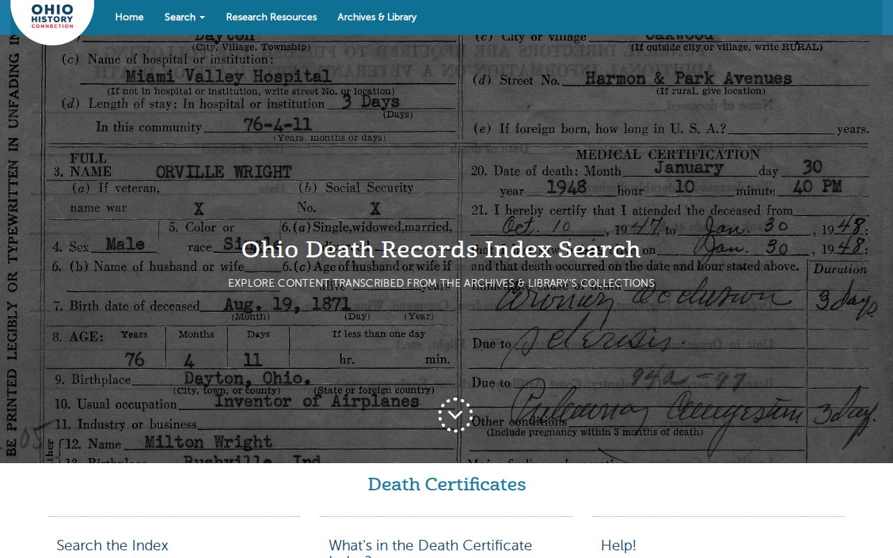 Middletown previous residents Ohio historical death certificate index