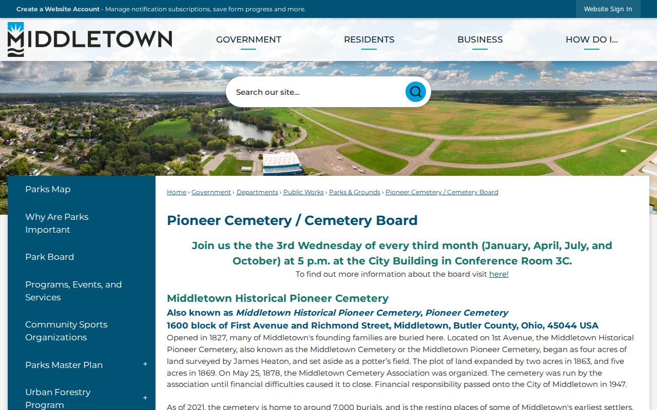 Middletown previous residents Pioneer Cemetery history and records