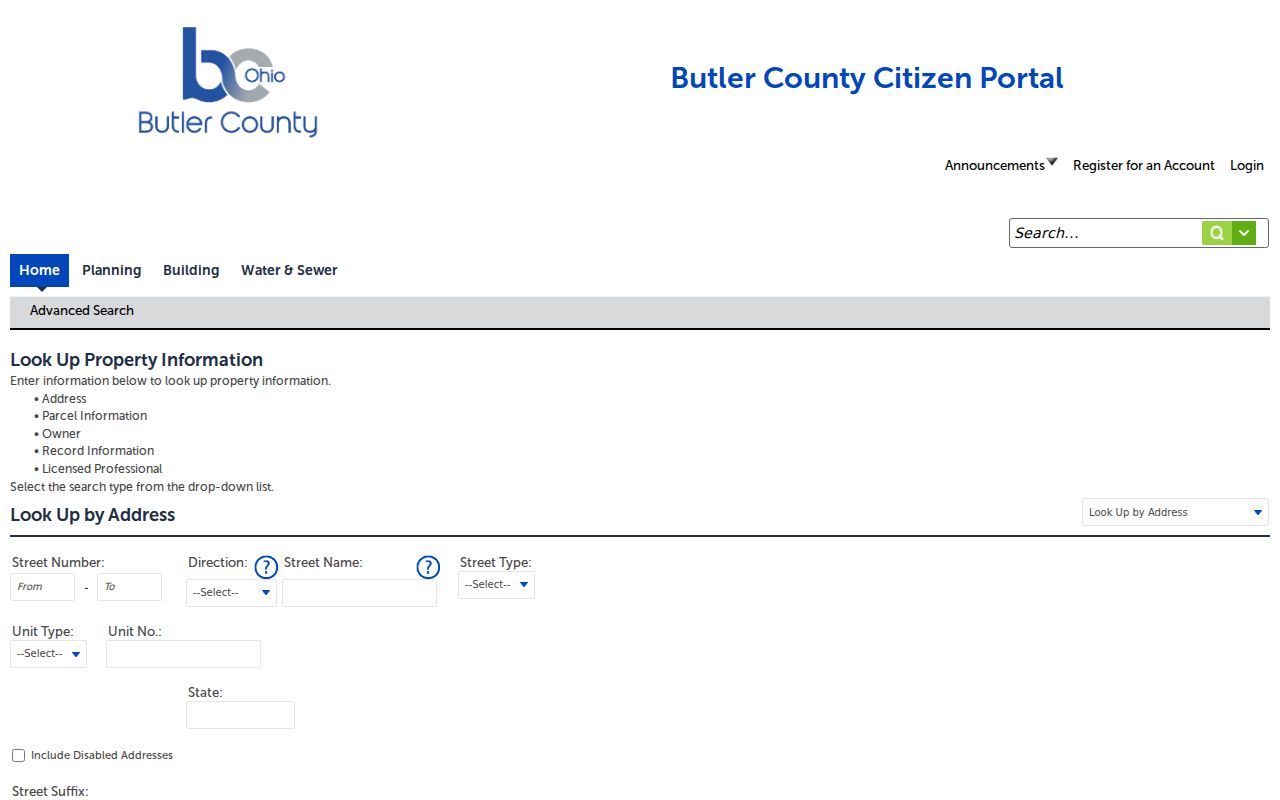 Middletown street directory Butler Accela address and parcel lookup